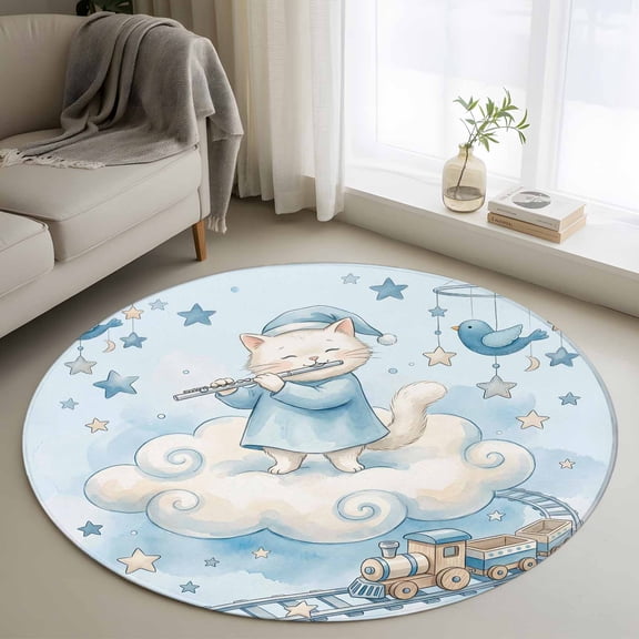 Round Area Rugs Collection 3 Ft, Blue Cartoon Cats Non-Slip Residential Carpet, Cute Cats Sleeping Dreams Clouds Indoor Crawling Mats Doormat Runner Rugs Play Mat forBedroom