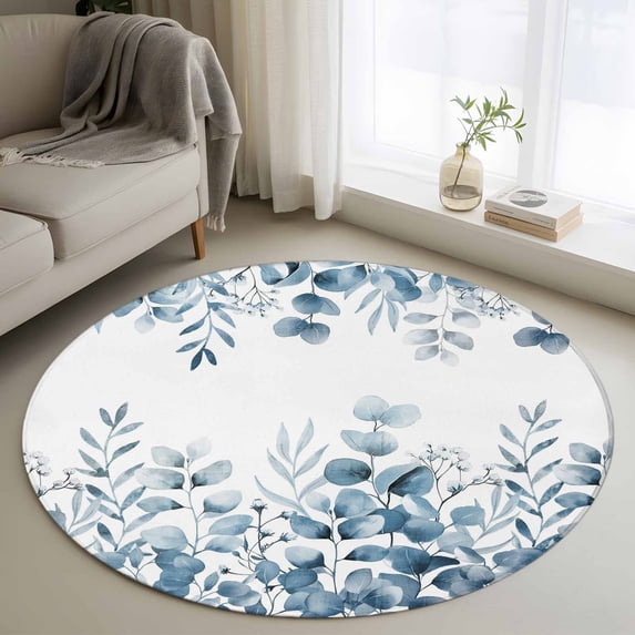 Round Area Rugs Collection 3 Ft, Blue Eucalyptus Leaves Non-Slip Residential Carpet, Watercolor Spring Summer Botanical Indoor Crawling Mats Doormat Runner Rugs Play Mat for Bedroom