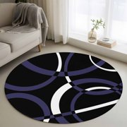 Round Area Rugs Collection 3 Ft, Blue Geometric Non-Slip Residential Carpet, Contemporary White Abstract Lines Black Indoor Crawling Mats Doormat Runner Rugs Play Mat for Bedroom