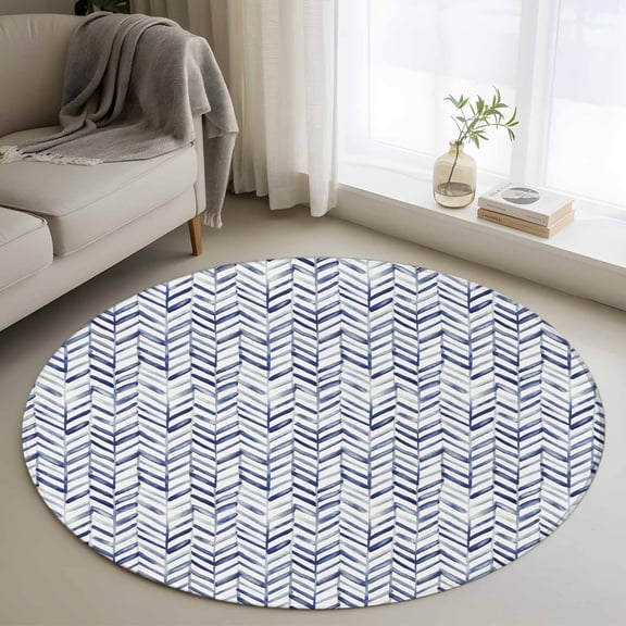 Round Area Rugs Collection 3 Ft, Blue Geometric Non-Slip Residential Carpet, Watercolor Chevron Abstract Indoor Crawling Mats Doormat Runner Rugs Play Mat for Bedroom