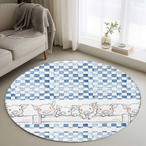 Round Area Rugs Collection 3 Ft, Blue Plaid Farmhouse Non-Slip Residential Carpet, Watercolor Cute Country Pigs Checkered Indoor Crawling Mats Doormat Runner Rugs Play Mat forBedroom