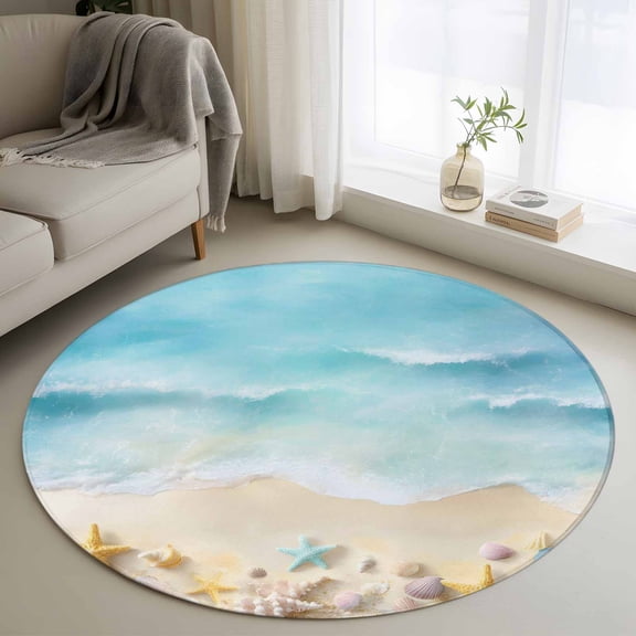 Round Area Rugs Collection 3 Ft, Blue Waves Non-Slip Residential Carpet, Summer Beach Starfish Coastal Nautical Ocean Indoor Crawling Mats Doormat Runner Rugs Play Mat for Bedroom