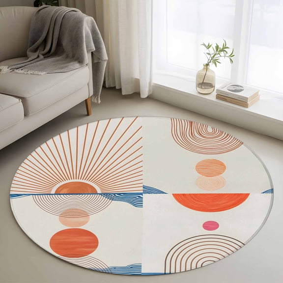 Round Area Rugs Collection 3 Ft, Bohemia Non-Slip Residential Carpet, Modern Abstract Art Sun Stripes Cycle Indoor Crawling Mats Doormat Runner Rugs Play Mat for Bedroom