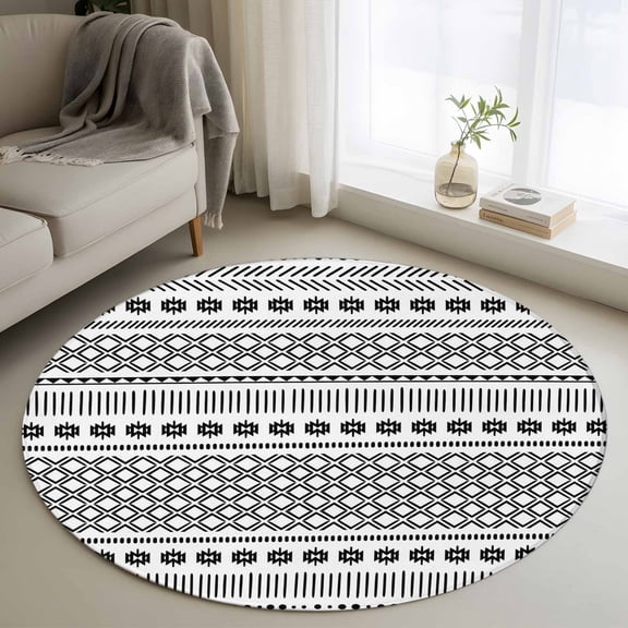 Round Area Rugs Collection 3 Ft, Boho Geometric Non-Slip Residential Carpet, Modern Abstract Art Plaid Striped Indoor Crawling Mats Doormat Runner Rugs Play Mat for Bedroom