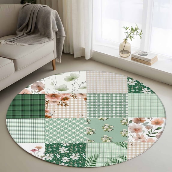 Round Area Rugs Collection 3 Ft, Boho Spring Floral Non-Slip Residential Carpet, Retro Flowers Plants Patchwork Grid Green Indoor Crawling Mats Doormat Runner Rugs Play Mat for Bedroom