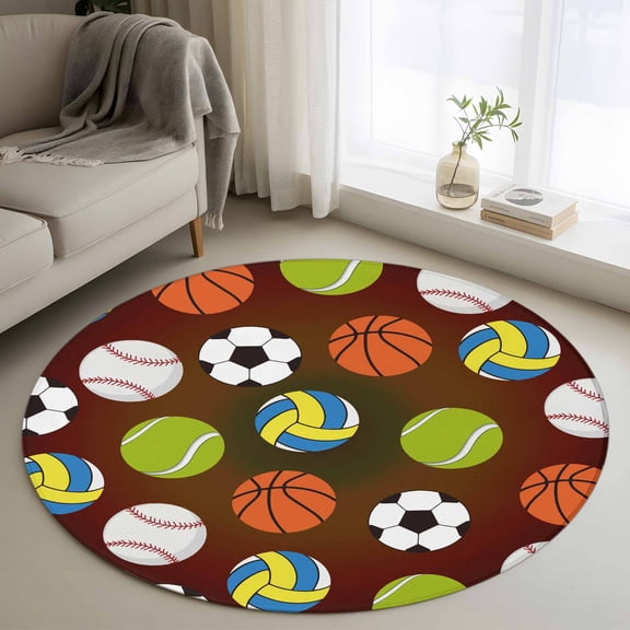 Round Area Rugs Collection 3 Ft, Brown Balls Non-Slip Residential Carpet, Baseball Tennis Basketball Football Indoor Crawling Mats Doormat Runner Rugs Play Mat forBedroom