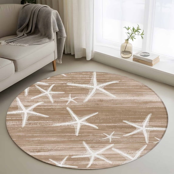 Round Area Rugs Collection 3 Ft, Brown Coastal Non-Slip Residential Carpet, Summer Ocean Waves Ombre Sea Starfish Indoor Crawling Mats Doormat Runner Rugs Play Mat forBedroom
