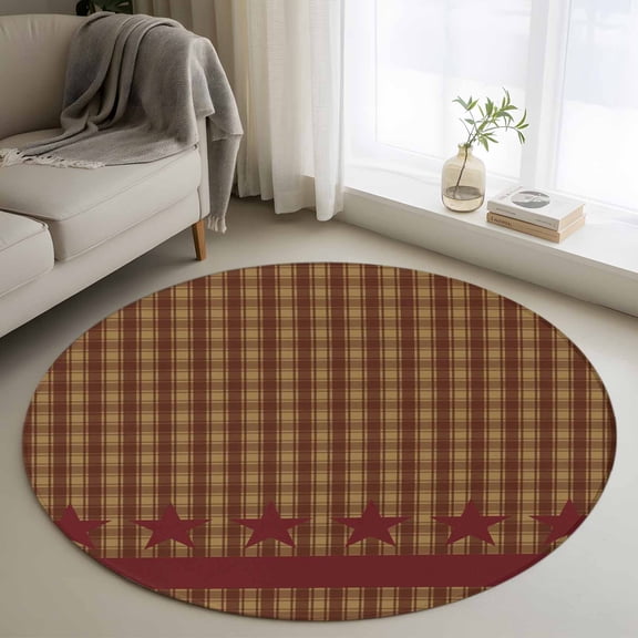 Round Area Rugs Collection 3 Ft, Brown Plaid Non-Slip Residential Carpet, Modern Geometric Red Stars Checkered Indoor Crawling Mats Doormat Runner Rugs Play Mat forBedroom