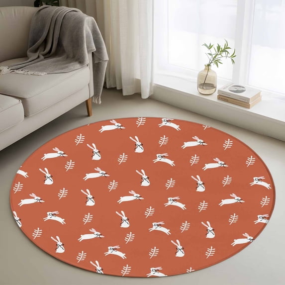 Round Area Rugs Collection 3 Ft, Burnt Orange Spring Easter Non-Slip Residential Carpet, Cute Bunny Botanical Indoor Crawling Mats Doormat Runner Rugs Play Mat for Bedroom