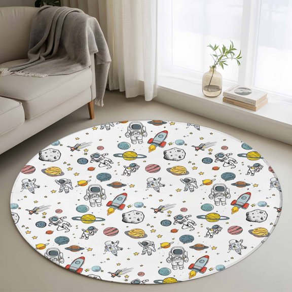 Round Area Rugs Collection 3 Ft, Cartoon Space Non-Slip Residential Carpet, Funny Cute Rocket Planet Indoor Crawling Mats Doormat Runner Rugs Play Mat forBedroom