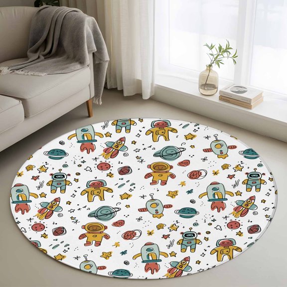 Round Area Rugs Collection 3 Ft, Cartoon Space Non-Slip Residential Carpet, Funny Cute Rocket Star Planet Indoor Crawling Mats Doormat Runner Rugs Play Mat forBedroom