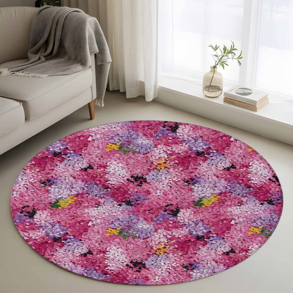 Round Area Rugs Collection 3 Ft, Cherry Blossom Non-Slip Residential Carpet, Pink Purple Flowers Modern Oil Painting Art Indoor Crawling Mats Doormat Runner Rugs Play Mat for Bedroom