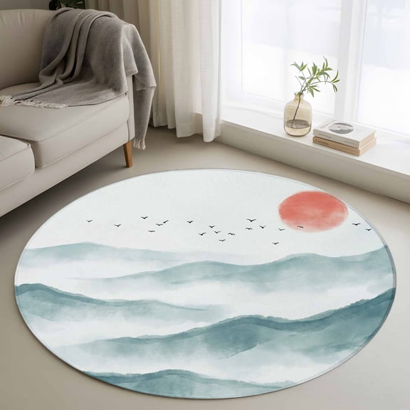 Round Area Rugs Collection 3 Ft, Chinese Ink Non-Slip Residential Carpet, Abstract Art Mountain Red Sun Indoor Crawling Mats Doormat Runner Rugs Play Mat forBedroom