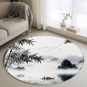 Round Area Rugs Collection 3 Ft, Chinese Ink Non-Slip Residential Carpet, Art Painting Mountain Lake Landscape Indoor Crawling Mats Doormat Runner Rugs Play Mat forBedroom