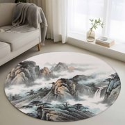 Round Area Rugs Collection 3 Ft, Chinese Ink Painting Non-Slip Residential Carpet, Mountain Cloud Modern Art Indoor Crawling Mats Doormat Runner Rugs Play Mat forBedroom