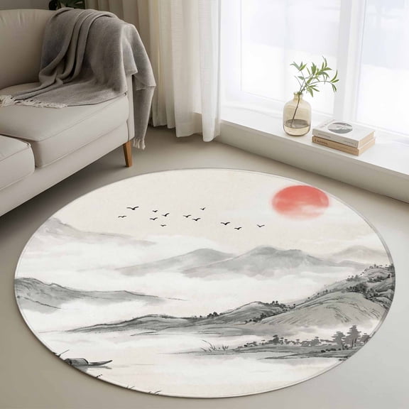 Round Area Rugs Collection 3 Ft, Chinese Ink Painting Non-Slip Residential Carpet, Mountain Red Sun Landscape Indoor Crawling Mats Doormat Runner Rugs Play Mat forBedroom