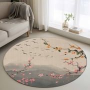 Round Area Rugs Collection 3 Ft, Chinese Ink Painting Non-Slip Residential Carpet, Pink Peach Blossom Branches Indoor Crawling Mats Doormat Runner Rugs Play Mat forBedroom