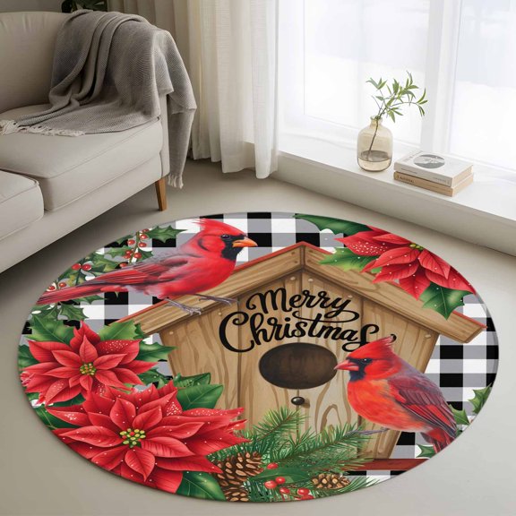 Round Area Rugs Collection 3 Ft, Christmas Non-Slip Residential Carpet, Red Cardinal Bird Poinsettia Pine Needles Plaid Indoor Crawling Mats Doormat Runner Rugs Play Mat for Bedroom