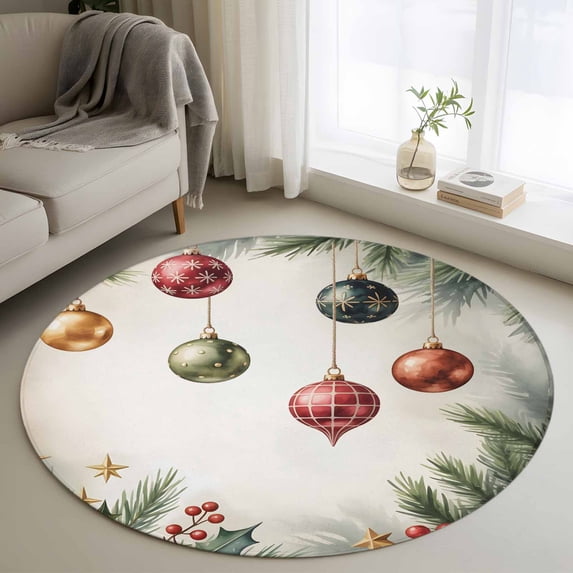 Round Area Rugs Collection 3 Ft, Christmas Non-Slip Residential Carpet, Winter Colorful Xmas Balls Star Pine Needles Indoor Crawling Mats Doormat Runner Rugs Play Mat for Bedroom