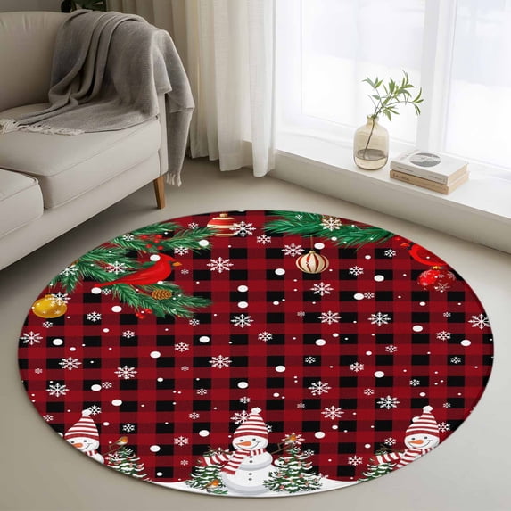 Round Area Rugs Collection 3 Ft, Christmas Snowman Non-Slip Residential Carpet, Buffalo Plaid Xmas Tree Branch Snowflakes Indoor Crawling Mats Doormat Runner Rugs Play Mat for Bedroom