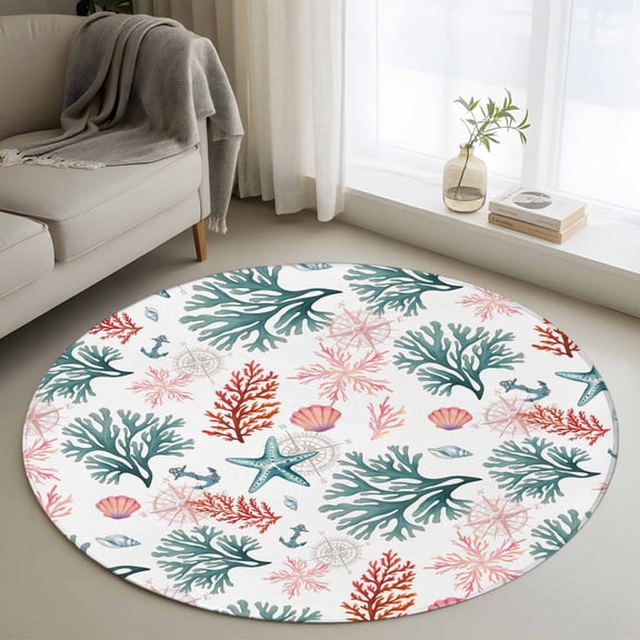 Round Area Rugs Collection 3 Ft, Coral Coastal Non-Slip Residential Carpet, Blue Red Nautical Summer Beach Ocean Indoor Crawling Mats Doormat Runner Rugs Play Mat for Bedroom