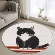 Round Area Rugs Collection 3 Ft, Cute Cats Non-Slip Residential Carpet, Modern Abstract Ink Painting Red Striped Indoor Crawling Mats Doormat Runner Rugs Play Mat forBedroom