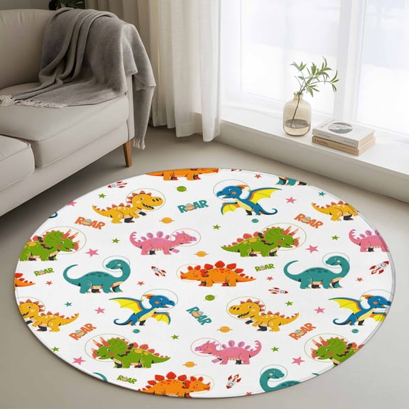 Round Area Rugs Collection 3 Ft, Cute Dinosaur Non-Slip Residential Carpet, Cartoon Dino Funny Boys Girls Children Indoor Crawling Mats Doormat Runner Rugs Play Mat for Bedroom