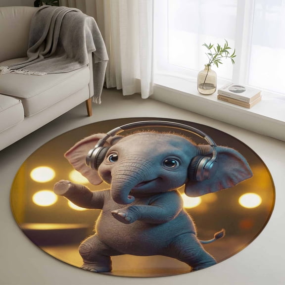Round Area Rugs Collection 3 Ft, Cute Elephant Non-Slip Residential Carpet, Funny Abstract Animals Print Indoor Crawling Mats Doormat Runner Rugs Play Mat forBedroom