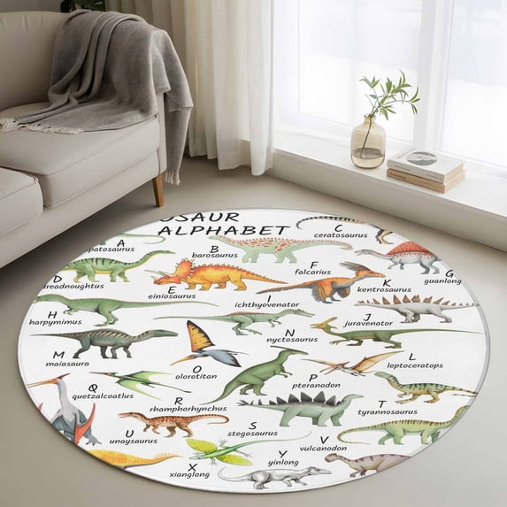 Round Area Rugs Collection 3 Ft, Dinosaur Non-Slip Residential Carpet, Funny Dino Cute Cartoon Boys Girls Children Indoor Crawling Mats Doormat Runner Rugs Play Mat for Bedroom
