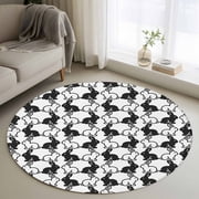 Round Area Rugs Collection 3 Ft, Easter Rabbits Non-Slip Residential Carpet, Cute Bunny Cartoon Animals Black White Indoor Crawling Mats Doormat Runner Rugs Play Mat forBedroom