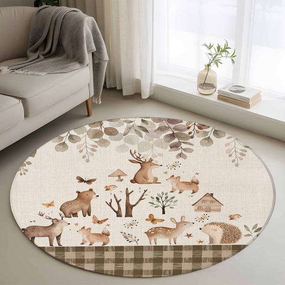 Round Area Rugs Collection 3 Ft, Farmhouse Deer Bear Hedgehog Non-Slip Residential Carpet, Forest Animals Leaves Beige Indoor Crawling Mats Doormat Runner Rugs Play Mat forBedroom