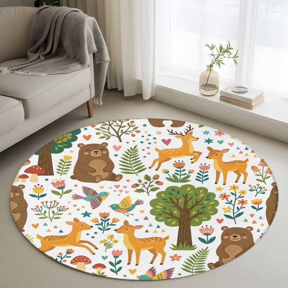 Round Area Rugs Collection 3 Ft, Forest Animals Non-Slip Residential Carpet, Cartoon Cute Sika Deer Bears Botanical Indoor Crawling Mats Doormat Runner Rugs Play Mat forBedroom