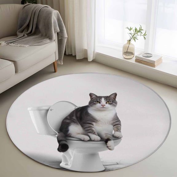 Round Area Rugs Collection 3 Ft, Funny Cat Non-Slip Residential Carpet, Modern Abstract Cute Animals on Toilets Artwork Indoor Crawling Mats Doormat Runner Rugs Play Mat for Bedroom