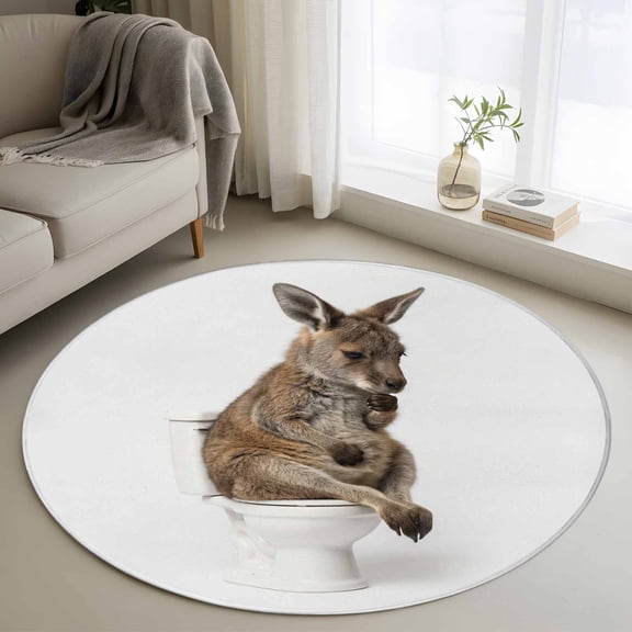 Round Area Rugs Collection 3 Ft, Funny Kangaroos Non-Slip Residential Carpet, Cute Art Fun Lovely Animals on Toilets Indoor Crawling Mats Doormat Runner Rugs Play Mat forBedroom