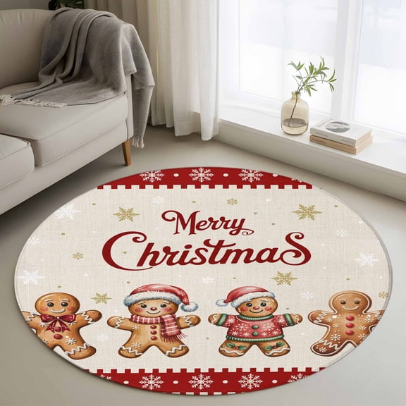 Round Area Rugs Collection 3 Ft, Gingerbread Christmas Non-Slip Residential Carpet, Red Snowflake Golden Winter Xmas Indoor Crawling Mats Doormat Runner Rugs Play Mat for Bedroom