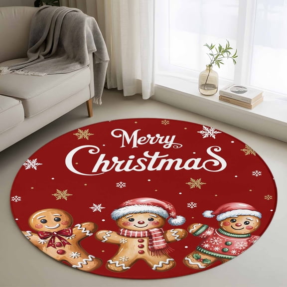 Round Area Rugs Collection 3 Ft, Gingerbread Red Non-Slip Residential Carpet, Christmas Winter Snowflake Indoor Crawling Mats Doormat Runner Rugs Play Mat for Bedroom