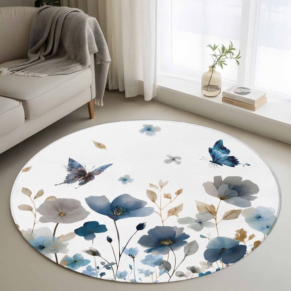 Round Area Rugs Collection 3 Ft, Gray Blue Flowers Non-Slip Residential Carpet, Watercolor Floral Butterflies Spring Indoor Crawling Mats Doormat Runner Rugs Play Mat for Bedroom