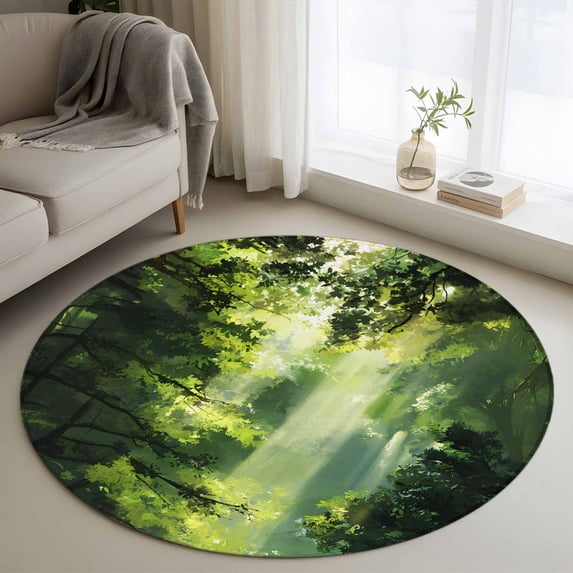 Round Area Rugs Collection 3 Ft, Green Forest Non-Slip Residential Carpet, Nature Spring Scenic Woodland Indoor Crawling Mats Doormat Runner Rugs Play Mat for Bedroom