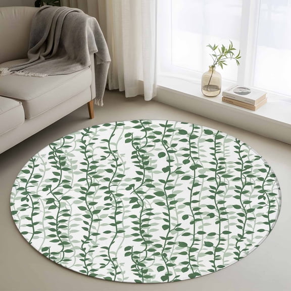 Round Area Rugs Collection 3 Ft, Green Ivy Leaves Non-Slip Residential Carpet, Spring Plants Botanical Modern Country Indoor Crawling Mats Doormat Runner Rugs Play Mat for Bedroom