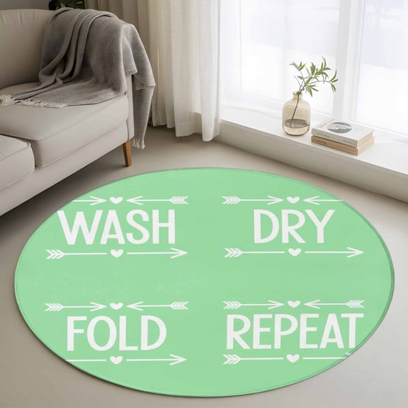 Round Area Rugs Collection 3 Ft, Green Laundry Non-Slip Residential Carpet, Wash Dry Fold Repeat Minimalist Text Indoor Crawling Mats Doormat Runner Rugs Play Mat forBedroom