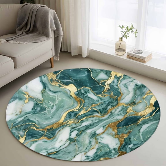 Round Area Rugs Collection 3 Ft, Green Ombre Golden Marble Non-Slip Residential Carpet, Abstract Marble Crack Indoor Crawling Mats Doormat Runner Rugs Play Mat forBedroom