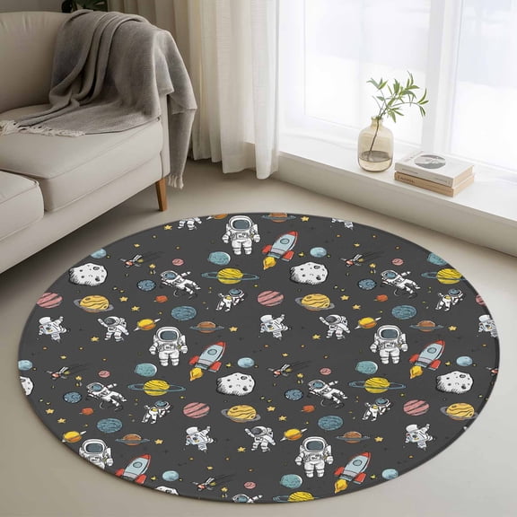 Round Area Rugs Collection 3 Ft, Grey Space Non-Slip Residential Carpet, Cartoon Cute Spaceship Planet Star Funny Indoor Crawling Mats Doormat Runner Rugs Play Mat forBedroom