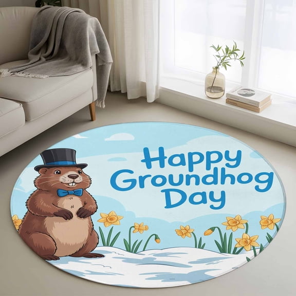 Round Area Rugs Collection 3 Ft, Happy Groundhog Day Non-Slip Residential Carpet, Cartoon Cute Ground Hog Flowers Sky Blue Indoor Crawling Mats Doormat Runner Rugs Play Mat for Bedroom