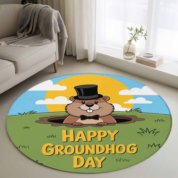 Round Area Rugs Collection 3 Ft, Happy Groundhog Day Non-Slip Residential Carpet, Cartoon Ground Hog Grass Sun Sky Blue Indoor Crawling Mats Doormat Runner Rugs Play Mat for Bedroom