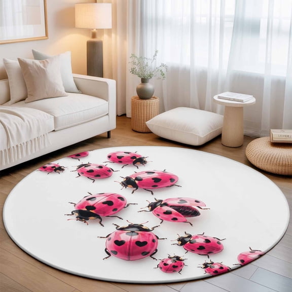 Round Area Rugs Collection 3 Ft, Ladybug Non-Slip Residential Carpet, Red Black Animals Indoor Crawling Mats Doormat Runner Rugs Play Mat for Bedroom