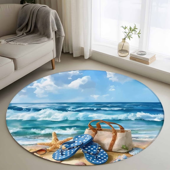 Round Area Rugs Collection 3 Ft, Nautical Coastal Non-Slip Residential Carpet, Summer Beach Flip Flops Bags Starfish Waves Indoor Crawling Mats Doormat Runner Rugs Play Mat forBedroom