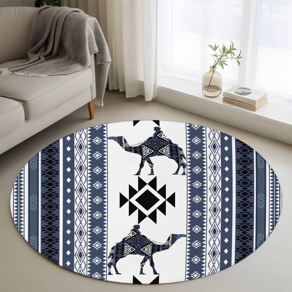 Round Area Rugs Collection 3 Ft, Navy Blue Boho Non-Slip Residential Carpet, Vintage Abstract Art Ethnic Tribe Indoor Crawling Mats Doormat Runner Rugs Play Mat for Bedroom