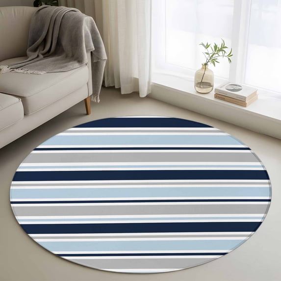 Round Area Rugs Collection 3 Ft, Navy Blue Gray Striped Non-Slip Residential Carpet, Farmhouse Stripes Modern Abstract Art Indoor Crawling Mats Doormat Runner Rugs Play Mat for Bedroom