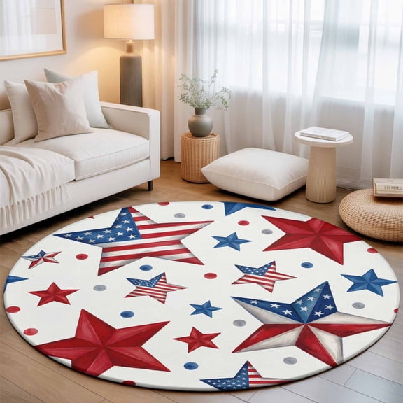 Round Area Rugs Collection 3 Ft, Pastriotic USA Flag Non-Slip Residential Carpet, 4th of July Ameircan Red Blue Striped Indoor Crawling Mats Doormat Runner Rugs Play Mat for Bedroom