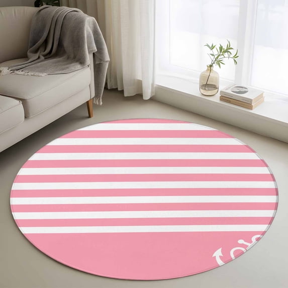 Round Area Rugs Collection 3 Ft, Pink Anchor Non-Slip Residential Carpet, Modern Nautical White Geometric Stripes Indoor Crawling Mats Doormat Runner Rugs Play Mat for Bedroom